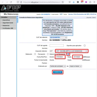 Formulário para consulta de Percepções recebidas