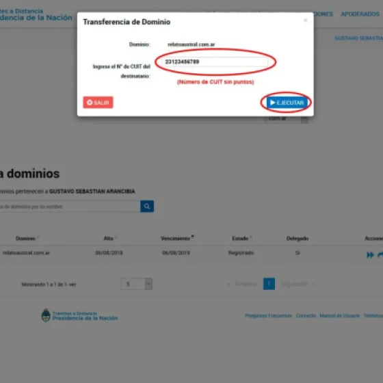 Atribuir o CUIT do novo proprietário do domínio