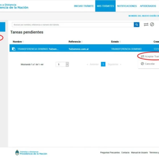 Aceite a transferência de domínio